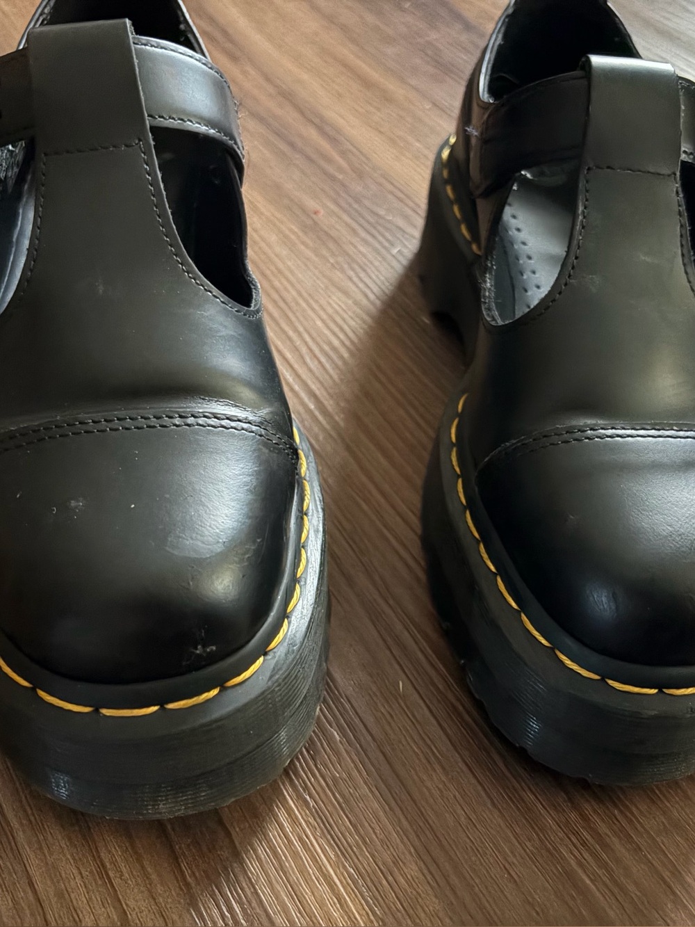 Dr Martens Bethan Polished Smooth Black Leather Mary Jane T Strap Platforms